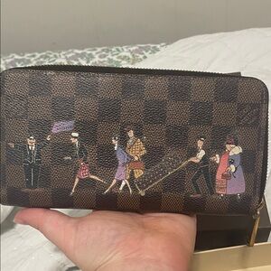 Louis Vuitton Brown Checkered Zip Wallet with Illustrations